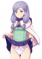 1girls bow bow_panties breasts cape cowboy_shot female fire_emblem fire_emblem:_path_of_radiance fire_emblem:_radiant_dawn green_shirt hood hood_down ilyana_(fire_emblem) katou_kaiou lifted_by_self looking_at_viewer nintendo panties parted_lips pink_cape pleated_skirt purple_eyes purple_hair purple_panties purple_skirt shirt simple_background skirt small_breasts solo thigh_gap twintails underwear upskirt white_background white_panties