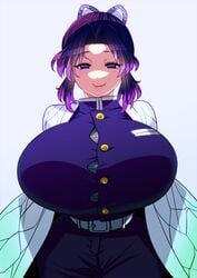 big_breasts breast_expansion bursting_breasts demon_slayer expansion female female_only fully_clothed hair_ornament haori huge_breasts kimetsu_no_yaiba kochou_shinobu looking_at_viewer perepere-kun purple_eyes purple_hair smile solo straining_buttons tight_clothing