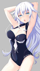 armpits arms_behind_head black_heart iwasi_r leotard long_hair looking_at_viewer neptunia_(series) noire open_mouth thighs white_hair