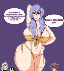 1boy 3girls bbw big_breasts bikini bluueygooey byleth_(fire_emblem) byleth_(fire_emblem)_(female) confident curvaceous curvy_body curvy_hips dialogue dorothea_arnault english_text fire_emblem fire_emblem:_three_houses genderswap_(mtf) hand_behind_head hand_on_hip huge_breasts nintendo pose posing purple_hair rule_63 smile smiling smug sylvain_jose_gautier text text_bubble thick_thighs voluptuous yellow_bikini yuri_leclerc