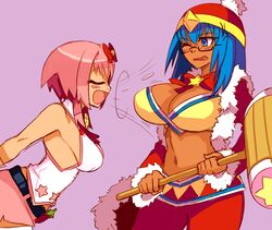 2girls anger_vein annoyed armpits beanie belt blue_eyes blue_hair blush bow bowtie breast_sucking_envy breasts cleavage closed_eyes clothing coat dark-skinned_female dark_skin eggplant eyebrows_visible_through_hair female female_only fur_coat fur_trim genderswap_(mtf) glasses hair_ornament hairbow hammer hat highres holding_hammer holding_weapon hopebiscuit huge_breasts humanized imminent_breast_sucking inhaling king_dedede kirby kirby_(series) large_breasts leaning_forward long_hair looking_at_another mallet matsu-sensei medium_breasts midriff miniskirt multiple_girls navel nintendo no_bra one_eye_closed open_mouth pants purple_background red_clothing ribbon rule_63 semi-rimless_glasses shirt side_view sideboob simple_background skirt sleeveless sleeveless_shirt smile standing star thighhighs thighs tongue weapon yuri zettai_ryouiki