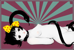 arms_behind_back black_hair completely_nude empty_eyes expressionless female female_only hair_ribbon hairbow innie_pussy looking_at_viewer lying_on_back midori_(shoujo_tsubaki) polka_dot shaved_pussy short_hair shoujo_tsubaki small_breasts snake solo uncensored white_skin