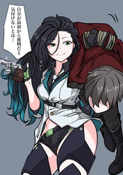 1boy absurdres assertive_female badge belt black_hair black_shorts bondage boots bound buttons carrying carrying_over_shoulder collarbone colt_python colt_python_(girls_frontline) commander_(girls_frontline) double-breasted faceless faceless_male female femdom firearm girls'_frontline gloves gradient_hair green_eyes grey_background grey_hair gun hair_ornament handgun highres hip_vent holding holding_weapon imminent_rape imminent_sex jacket japanese_text lapel_pin laughing lifting lifting_person long_hair male malesub messy_hair mole mole_under_eye multicolored multicolored_clothes multicolored_hair multicolored_jacket necktie open_clothes open_jacket parted_lips partially_fingerless_gloves python_(girls'_frontline) red_jacket revolver rope seductive_smile short_shorts shorts side_slit side_slit_shorts sleeves_folded_up smile speech_bubble stomach strap streaked_hair struggling thigh_boots thighhighs thighs trigger_discipline turquoise_hair wavy_hair weapon white_jacket zandorosouls