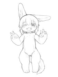 2021 3:4 anthro black_and_white blush cub double_v_sign fangs female flat_chested front_view fur genitals gesture hair hi_res looking_at_viewer made_in_abyss monochrome nanachi narehate nude one_eye_closed open_mouth pussy rapel simple_background solo standing v_sign white_background wink young