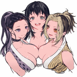 3girls amber_eyes black_hair choker cleavage demon_slayer female female_only hinatsuru_(kimetsu_no_yaiba) iwatokko kimetsu_no_yaiba kunoichi large_breasts makio_(kimetsu_no_yaiba) mole_under_eye multicolored_hair ponytail purple_eyes smile suma_(kimetsu_no_yaiba) the_wives_(kimetsu_no_yaiba) upper_body