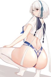 1girls 2021 :p ass ass_focus azur_lane blue_panties breasts brown_eyes dat_ass eyebrows eyebrows_visible_through_hair female female_focus female_only kuwahara_taiki legwear light-skinned_female light_skin looking_at_viewer looking_back nipple_bulge no_shoes panties royal_navy_(azur_lane) short_hair sideboob simple_background sirius_(azur_lane) sling_bikini solo squatting tongue tongue_out white_background white_hair white_legwear