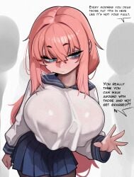 bags_under_eyes blue_eyes blue_sailor_collar blue_skirt breasts closed_mouth commentary deitysexual english_text female female hair_between_eyes huge_breasts long_hair long_sleeves michinoku_komaro pink_hair sailor_collar school_uniform seitokai_ni_mo_ana_wa_aru! simple_background skirt