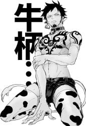 bikini_top blush chest_tattoo collar cow_boy cow_ears cow_print cow_print_bikini cow_print_thighhighs cow_tail cowbell crossdressing ear_tag earrings elbow_gloves embarrassed facial_hair full_body gloves goatee kneeling long_sideburns looking_at_viewer male male_only masculine_crossdresser mo_pkop monochrome one_piece short_shorts shorts shoulder_tattoo sideburns tattoo tattoos thighhighs toned toned_male trafalgar_law zettai_ryouiki