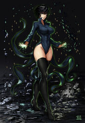 alternate_body_build alternate_breast_size alternate_height boots breasts curly_hair female fubuki_(one-punch_man) high_heel_boots high_heels highres hip_focus one-punch_man short_hair solo tatsumaki_(cosplay) thegoldensmurf thick_thighs thigh_boots thighhighs