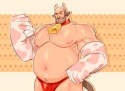 bald bara bara_tits barazoku big_pecs chest_hair chubby chubby_male cow_bell cow_bell_collar cow_boy cow_ears cow_horns cow_print cow_tail elbow_gloves fat fur gay heavy_weapons_guy large_pectorals male maxthedarkegg milk_bottle musclegut muscular muscular_male strongfat stubble team_fortress_2 thong