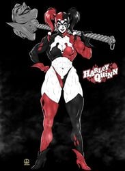 2020 abs alternate_costume batman_(series) black_hair boots breasts cleavage_cutout clothing_cutout crop_top dairoku_tenma dc_comics female grin hammer hand_on_hip harley_quinn high_heel_boots high_heels lipstick makeup medium_breasts multicolored_hair muscular_female red_hair smile the_joker thighhighs thong twintails