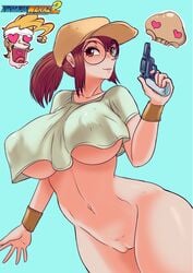 big_breasts breasts cap female female_focus fio_germi firearm glasses gun handgun heart-shaped_pupils holding_object holding_weapon ichduhernz marco_rossi martian_(metal_slug) metal_slug military no_bra no_panties outdoors puffy_nipples revolver round_glasses shaved_pussy shirt snk underboob video_games weapon