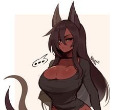 1girls animal_ears big_breasts black_hair cleavage clothed clothing dark-skinned_female dark_skin female female_only fox_girl fox_tail half-closed_eyes humanoid kammi_(kanel) kanel kemonomimi solo standing tail wide_hips