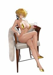 :/ blush crossed_legs evelyn_chevalier expressionless feather_boa gold_swimsuit golden_week heels holding_wine_glass huge_breasts looking_at_viewer sitting sitting_on_chair slingshot_swimsuit stars_of_lyra thick_thighs wide_hips wine_glass zenless_zone_zero