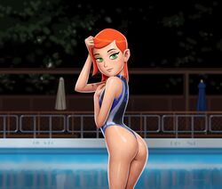 1girls ass ben_10 cartoon_network drew_gardner female green_eyes gwen_tennyson highleg highleg_swimsuit looking_at_viewer night one-piece_swimsuit red_hair redhead short_hair swimming_pool swimsuit very_high_resolution wet_body wet_hair wet_skin