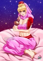 1girls barefoot belly_dancer belly_dancer_outfit blonde_hair brown_eyes feet genie genie_bottle harem_girl harem_outfit harem_pants huge_breasts i_dream_of_jeannie jadenkaiba jeannie looking_at_viewer