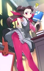 ? absurdres ascot book brown_hair chalk chalkboard contrapposto dress female frown furrowed_brow gen_4_pokemon grey_dress gym_leader hand_on_own_hip highres holding holding_book holding_chalk long_hair looking_at_viewer low_twintails nintendo pantyhose pink_eyes pink_pantyhose pokemon pokemon_oras rotom rotom_phone roxanne_(pokemon) solo spoken_question_mark sweatdrop teacher thighs tm_(hanamakisan) twintails