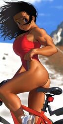 1girls 2025 2d_(artwork) armpit_crease arung_samudra_(cessa) biceps bicycle big_breasts blue_eyes_female breasts cessa dark-skinned_female digital_media_(artwork) ear_piercing female footwear hair_blowing leotard looking_at_viewer muscular muscular_female muscular_thighs outdoors shoes short_hair_female solo_female tight_clothing vehicle wind
