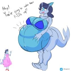 absurd_res anthro belly big_belly bikini clothing diana_(preggyshork) duo female female_pred fish hi_res male male/female marine preggyshork pregnant pregnant_anthro pregnant_female pregnant_pred same_size_vore shark stomach_bulge swimwear text two-piece_swimsuit unwilling_prey upset vore