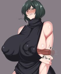 1boy 1girls 2021 alternate_version_available bare_shoulders big_breasts big_nipples faceless_male female female_focus green_hair grey_background huge_breasts hyperomizu jujutsu_kaisen nipple_bulge nipples nipples_visible_through_clothing paizuri penis_under_clothes pervert short_hair simple_background vein veins veiny veiny_penis zenin_mai