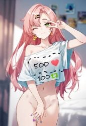 ai_generated covered_pussy curvy_figure daytime green_eyes nicole_demara no_panties one_eye_closed peace_sign pink_hair raaicave semi_nude white_shirt zenless_zone_zero