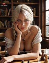 ai_generated braid breasts cd_projekt_red chess_piece ciri female gazmandros light-skinned_female looking_at_viewer mascara necklace nipples scar solo solo_female the_witcher_(series) the_witcher_4 white_hair