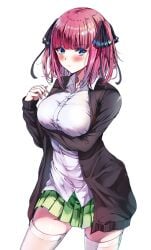 1girls arm_under_breasts bad_id bad_twitter_id black_ribbon blue_eyes blue_nails blunt_bangs blush breasts butterfly_hair_ornament closed_mouth collarbone collared_shirt commentary_request go-toubun_no_hanayome green_skirt hair_ornament hair_ribbon hand_up highres large_breasts long_sleeves looking_at_viewer medium_hair nail_art nail_polish nakano_nino pink_hair pleated_skirt ribbon sak_(lemondisk) shirt simple_background skindentation skirt solo thighhighs untucked_shirt white_background white_shirt white_thighhighs