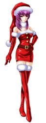 bare_shoulders belt boots breasts elbow_gloves female fur_trim game_cg gloves hand_on_hip hat high_heel_boots high_heels hip_focus kouzuki_yuuko large_breasts muvluv muvluv_alternative purple_hair red_eyes red_gloves red_legwear santa_costume santa_hat smile solo teacher thigh_boots thighhighs