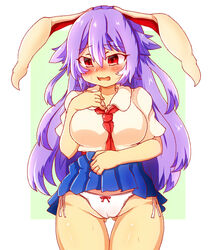 animal_ears blush bow_panties bunny_ears embarrassed panties purple_hair red_eyes reisen_udongein_inaba side-tie_panties skirt skirt_lift sweat tagme touhou white_panties yagi_paranoia