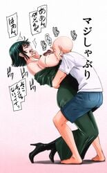 1boy 1girls bald boots breast_sucking breasts chocolate_on_breasts dress female from_side fubuki_(one-punch_man) gone_wrong green_dress green_hair height_difference high_heel_boots high_heels kiyosumi_hurricane large_breasts long_dress male one-punch_man open_mouth saitama seductive short_hair shorts straight taller_female taller_woman