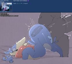 absurd_res ambiguous_gender amphibian anal anal_sex anthro ass big_butt blush bodily_fluids canid canine canis duo female female_penetrated fur generation_6_pokemon genitals greninja hi_res huge_butt long_tongue male male/female male/male male_penetrated male_penetrating male_penetrating_female male_penetrating_male mammal mature_female nintendo penetration penile penile_penetration penis pokemon pokemon_(species) rareplushy rough_sex sex simple_background solo tail text thick_thighs tongue tongue_out wolf