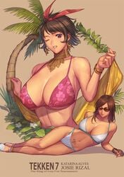 2girls alluring bikini brazilian brazilian_female brown_hair earrings female female_only ibanen josie_rizal katarina_alves long_hair lounging namco necklace pin_up red-tinted_eyewear shad3s short_hair sunglasses tekken tekken_7 tinted_eyewear