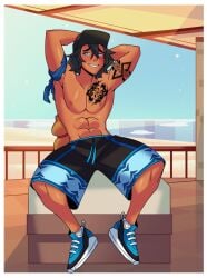 1boy armband baseball_cap beach black_hair blue_eyes male male_focus male_only muscles nipples no_visible_genitalia oc shirtless shorts sitting smile sneakers solo tattoos yuunsfw