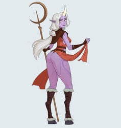 1girls 2021 amugea ass blush dress dress_aside dress_lift hooves horns hyung_(artist) league_of_legends monster_girl orange_eyes pointy_ears presenting presenting_hindquarters purple_skin riot_games single_horn soraka standing tagme thighs white_hair