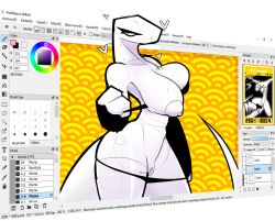 3d arm_gloves bikini firealpaca floating_heart gonda mondo_(gonda) reference_image sketch slim_waist spanish_text stripping tagme unamused wide_hips