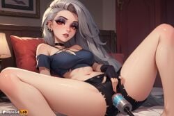 1girls ai_generated anal anal_object_insertion bare_shoulders bed biting_own_lip black_choker black_gloves black_shorts blush breasts choker crop_top ear_piercing earrings eyebrow_piercing female_masturbation fingerless_gloves gloves grey_hair helluva_boss hi_res humanized indoors jewelry lamp long_hair looking_at_viewer loona_(helluva_boss) lying makeup masturbation medium_breasts midriff nail_polish navel object_insertion on_back on_bed parted_lips patreon_username piercing pillow red_eyes rule34lab sex_toy shirt short_shorts shorts solo spread_legs torn_clothes torn_shirt torn_shorts