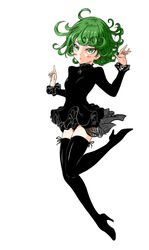 1girls bangs black_dress black_footwear black_legwear blush boots breasts closed_mouth commentary_request dress eyebrows_visible_through_hair female full_body green_eyes green_hair hands_up high_heel_boots high_heels jewelry long_sleeves looking_at_viewer one-punch_man pendant pleated_dress short_dress simple_background small_breasts solo taka_(takahirokun) tatsumaki thigh_boots thighhighs white_background