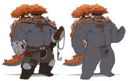 2025 accessory anthro armor autumn_leaves balls basilio_(gogokeeko) beard belt body_hair boots bottomwear branch chest_hair chode clothing colored crotchless_bottomwear crotchless_clothing crotchless_pants digital_media_(artwork) eye_scar facial_hair facial_scar flaccid footwear gauntlets generation_4_pokemon genitals gloves handwear headband hi_res hook male model_sheet moustache nintendo nipple_piercing nipples noofs nude_male pants penis piercing plant pokemon pokemon_(species) pubes scar shoes solo torterra tree