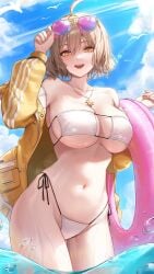absurdres adjusting_eyewear ahoge anis_(nikke) anis_(sparkling_summer)_(nikke) arm_up armpits bare_shoulders bikini breasts brown_hair cleavage cowboy_shot day eyepatch_bikini eyewear_on_head female goddess_of_victory:_nikke hand_on_eyewear hand_up highleg highleg_bikini highres innertube jacket jewelry large_breasts long_sleeves looking_at_viewer mohaka_(m_0haka) navel necklace off_shoulder official_alternate_costume open_clothes open_jacket open_mouth outdoors short_hair side-tie_bikini_bottom skindentation smile solo standing stomach string_bikini sunglasses swim_ring swimsuit thighs tinted_eyewear wading water wet white_bikini yellow_eyes yellow_jacket