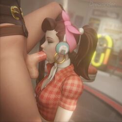 1futa 1girls 3d alternate_costume animated ascot ashe_(overwatch) big_penis blender closed_eyes cruiser_d.va d.va deepthroat dreamrider earrings fellatio futa_on_female futanari hoop_earrings lipstick lipstick_on_penis lipstick_smear no_sound oral overwatch penis red_lipstick video