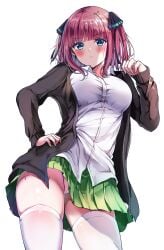 1girls absurdres black_cardigan black_ribbon blue_eyes blunt_bangs blush breasts butterfly_hair_ornament cardigan closed_mouth collared_shirt commentary contrapposto cowboy_shot expressionless go-toubun_no_hanayome green_skirt hair_ornament hair_ribbon hand_on_own_hip hand_up highres large_breasts long_sleeves looking_at_viewer medium_hair nakano_nino open_cardigan open_clothes panties pink_hair pink_panties pleated_skirt ribbon sak_(lemondisk) shirt sidelocks simple_background skirt solo thighhighs underwear untucked_shirt white_background white_shirt white_thighhighs