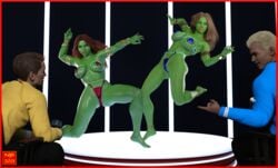 2boys 2girls 3d belly_dancer belly_dancer_outfit blonde_hair brown_hair dancer dancer_outfit dancing femsub light_brown_hair male nathanomir orion_(species) orion_slave_girl red_hair slave slave_outfit slavegirl star_trek starfleet_uniform submissive_female voluptuous