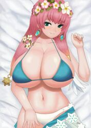 1girls alternate_costume alternate_eye_color bikini collarbone fire_emblem fire_emblem_heroes green_eyes gunnthra_(fire_emblem) gunnthra_(summer)_(fire_emblem) huge_breasts long_hair looking_at_viewer milf multicolored_hair nintendo on_back pink_hair roaamuje sideboob smile solo solo_female swimsuit underboob