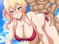 1boy all_fours ass_grab beach bent_over bikini blonde_hair blush breasts cleavage earrings female green_eyes gyaru hair_ornament hajimete_no_gal highres jewelry kogal large_breasts long_hair netorare okazu-do outdoors ponytail sex sex_from_behind sky straight sweat swimsuit yame_yukana