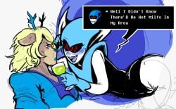 antlers bald_female big_ass blue_eyes blue_lipstick blue_nose blush carol_holiday deer deer_ears deer_girl deltarune flirting flustered furry furry_female jacket meta:dialogue_box milf milfs queen0fm0nsterz queen_(deltarune) rizz undertale_(series) yuri yuri yuri