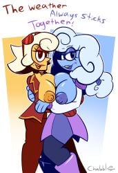big_eyes blue_body blue_nipples breasts breasts_out breasts_pressed_against_partner breasts_pressed_together chabble deltarune deltarune_chapter_3 elnina_(deltarune) fluffy_hair genderswap_(mtf) lanino_(deltarune) large_breasts lipstick looking_at_viewer nipples no_earrings orange_nipples pointy_nose rain_boots skirt smile suit sunglasses sunglasses_on_head white_hair yellow_body