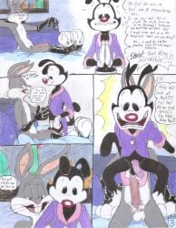 absurd_res aged_up animaniacs anthro balls bed bedroom big_penis black_body black_fur black_tail briefs buckteeth bugs_bunny clasped_hands clothed clothing coat comic dialogue duo duvet erection femboy footwear fur furniture genitals gloves grey_body grey_fur handwear head_tuft hi_res inkblot lagomorph latex latex_clothing latex_footwear latex_gloves latex_handwear latex_socks leporid limp_wrist looking_at_genitalia looking_at_penis looking_down looking_down_at_partner looney_tunes male male/male mammal mixed_media multicolored_body multicolored_fur navel nervous no_irises open_mouth partially_clothed penis pink_nose pubes rabbit red_nose rufe_squirrel scared_by_cock shocked simple_background socks speech_bubble straddling straddling_lap tail tailcoat teeth thought_bubble topwear traditional_media_(artwork) tuft two_tone_body underwear wall_art warner_brothers weak_knees whiskers worried yakko_warner