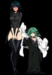 2girls alternate_costume aqua_eyes aqua_hair arm_at_side bangs bare_shoulders black_dress black_footwear black_hair black_legwear black_panties blush boots breasts cosplay costume_switch curly_hair dress dress_tug female_only flat_chest flying_sweatdrops frown fubuki_(one-punch_man) fubuki_(one-punch_man)_(cosplay) full-face_blush full_body fur_coat green_eyes green_hair height_difference highres jacket jacket_on_shoulders jewelry lace lace-trimmed_panties lace_trim large_breasts looking_at_viewer loose_clothes multiple_girls necklace off_shoulder one-punch_man oversized_clothes panties rakeng short_hair siblings simple_background sisters sleeves_past_elbows sleeves_past_wrists standing tatsumaki tatsumaki_(cosplay) thigh_boots thighhighs undersized_clothes underwear v_arms white_background