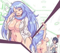 1boy 1girl 1girls amajiki_tamaki arms_above_head arms_up ass awakening belly_button big_breasts blue_eyebrows blue_eyes blue_eyes_female blue_hair blue_hair_female blush breasts casual casual_nudity cleavage coffee_cup completely_naked completely_naked_female completely_nude completely_nude_female convenient_censoring curvy eyebrows eyelashes female finger_on_face fit_female grey_jacket grey_shirt hadou_nejire highres human jacket_down jacket_only jacket_open large_breasts lewdamone long_hair long_hair_female messy_hair movement_lines my_hero_academia navel nejire_hado nude one_eye_closed saliva saliva_trail shiny shiny_skin shirt shirt_down sideboob sleepy stomach stretch stretching stretching_arms sweat tamaki_amajiki tears_in_eyes thighs tired unbuttoned unbuttoned_shirt very_long_hair very_long_hair_female voluptuous voluptuous_female wardrobe_malfunction white_shirt