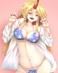 absurdres bangs bare_shoulders bikini blonde_hair blue_bikini blue_bra blue_panties blush bra breasts eyebrows_visible_through_hair female hands_up highres horns hoshiguma_yuugi large_breasts long_hair long_sleeves looking_at_viewer open_mouth panties pink_background red_eyes red_nails shirt single_horn smile solo stomach sunnysideup sunyup_(artist) swimsuit touhou underwear white_shirt white_sleeves